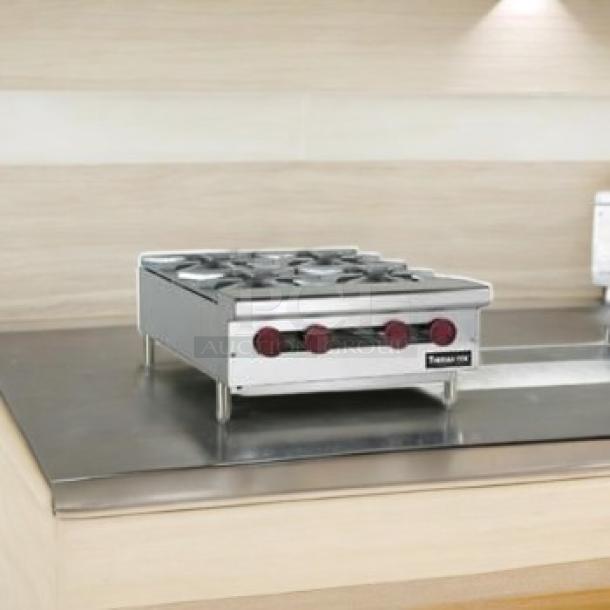 Brand new Thermatek TCHP24-4L countertop gas hotplate with 4 open burners. Stainless steel, 24" wide, never used.