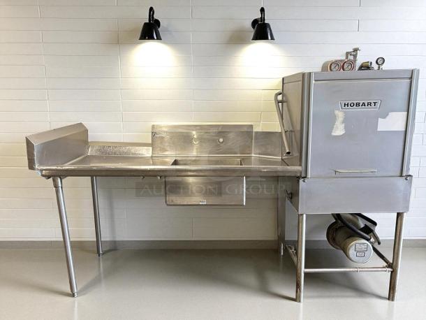 Hobart commercial dishwasher, standard door-type, with stainless steel clean table and sink. Excellent condition, fully tested.
