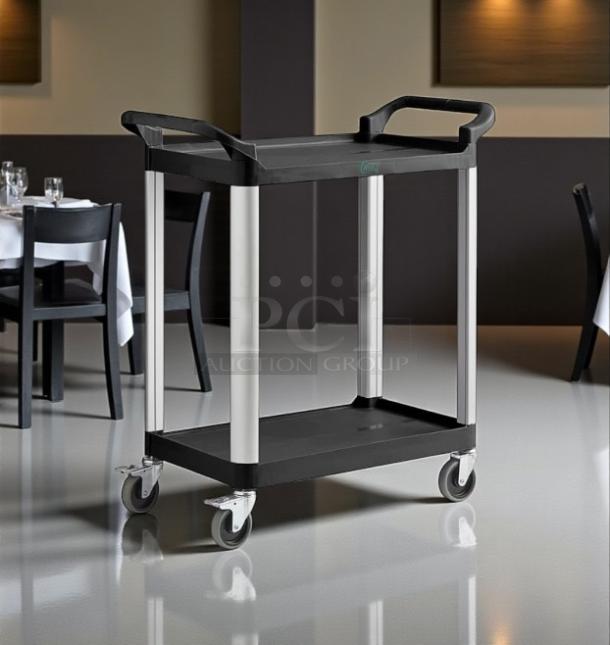 Commercial Grade 2-shelf utility service cart, heavy-duty plastic and aluminum, with rolling casters, in excellent condition.