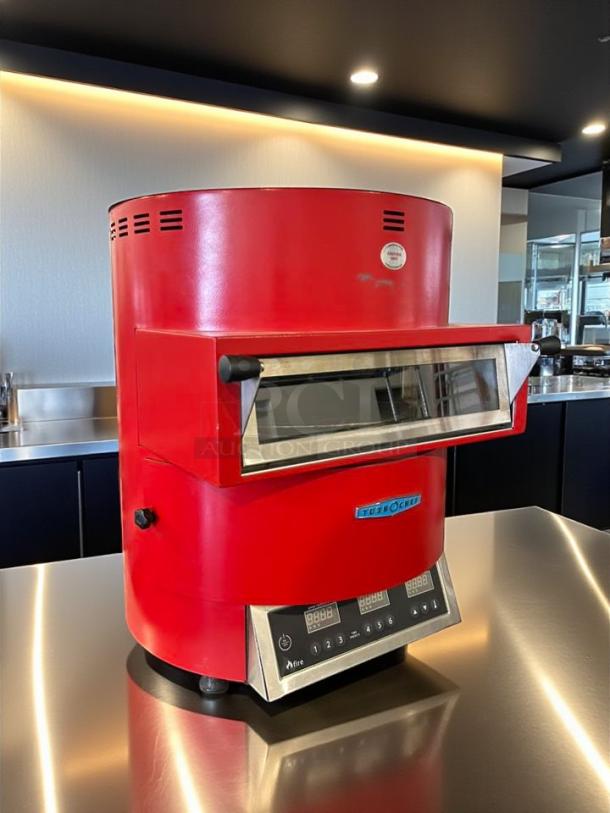 TurboChef FIRE countertop pizza oven, 240V, excellent condition, red, digital controls, fully tested, branded front panel.