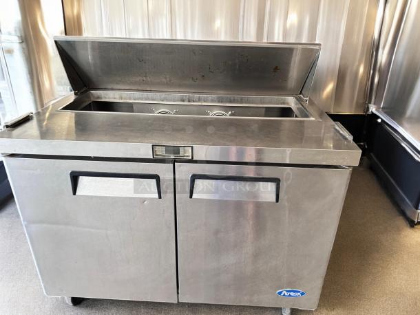 MSF8302 Salad Prep Table Refrigerator in excellent condition, stainless steel, dual doors, tested and working, 115V.
