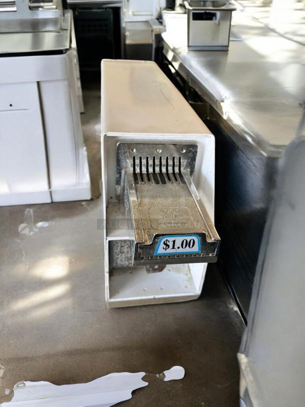 White commercial dryer in excellent condition, GE Model DCCD330ED2WC, 120/208-240V, fully tested, working, $1.00 price label visible.