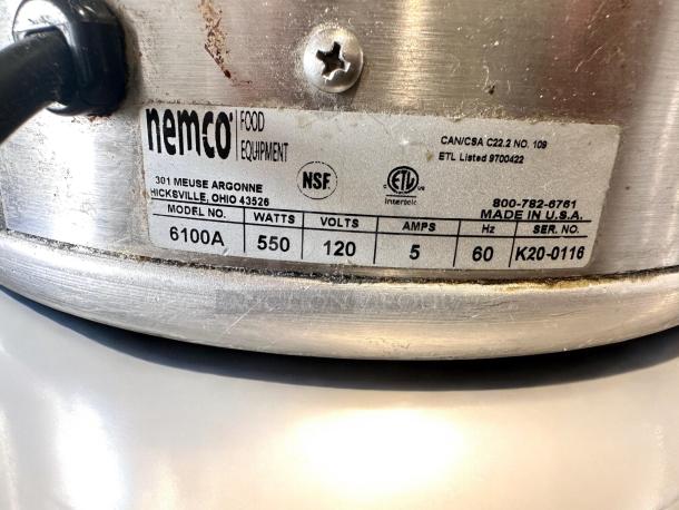 Alt text: "Nemco Soup Warmer, Model 6100A, 120V, in excellent condition. Label shows 550 watts, ETL listed, NSF certified."