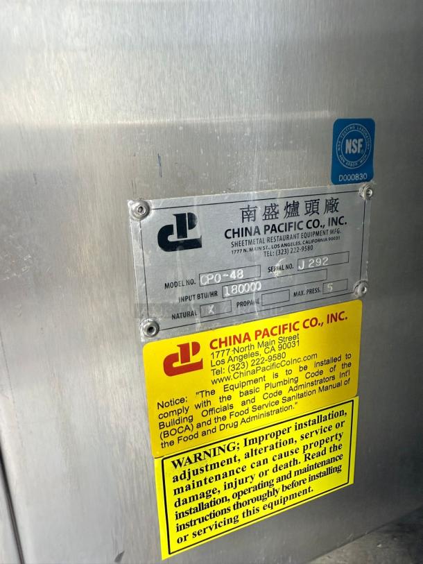 China Pacific CPO-48 Gas Roaster Oven, 180,000 BTU/hr, NSF certified. Excellent condition, fully tested. Visible labels with warnings and specifications.