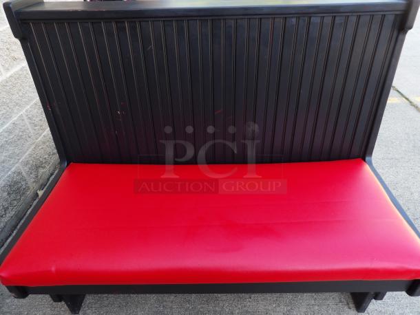 Solid wood double booth with removable red cushions, dividers included, excellent condition, paintable surface.