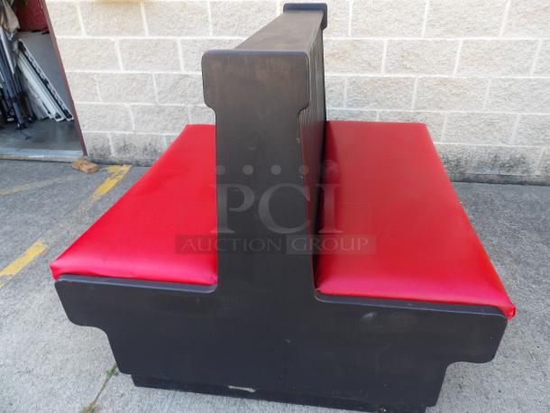 Double booth with red removable cushions, solid wood, excellent condition, paintable, includes removable dividers.
