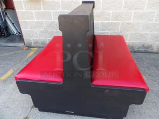 Double booth with red removable cushions, solid wood, paintable, with removable dividers. Excellent condition.