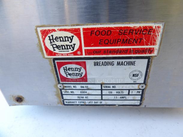 Henny Penny BM-110 chicken breading machine, stainless steel, like new, 120 volts, NSF certified, visible labels and specs.