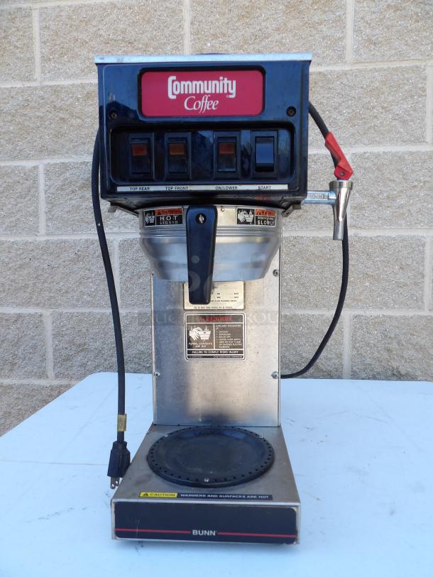 Bunn O-Matic ST-15 commercial coffee brewer with 2 upper warmers, stainless steel, electric powered, good condition, labeled controls.