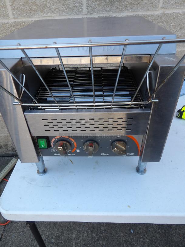 AVA TT-300-240 toaster, stainless steel, commercial countertop model, on legs, 240V, adjustable controls, used condition.