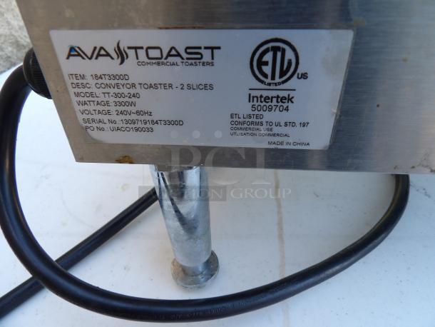 AVA Toast TT-300-240 commercial stainless steel conveyor toaster; 240V; 3300W; ETL listed; on legs; serial #1309719184T3300D.