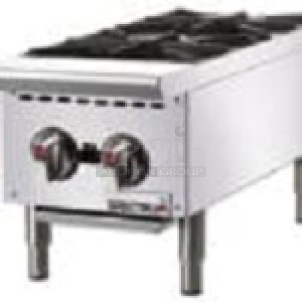 Spectrum NGH-2 stainless steel 2-burner gas range, commercial countertop model, 12x27x15 inches, excellent condition.