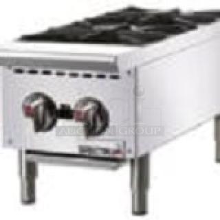 Spectrum NGH-2 stainless steel 2-burner gas range, commercial countertop model, 12x27x15 inches, excellent condition.