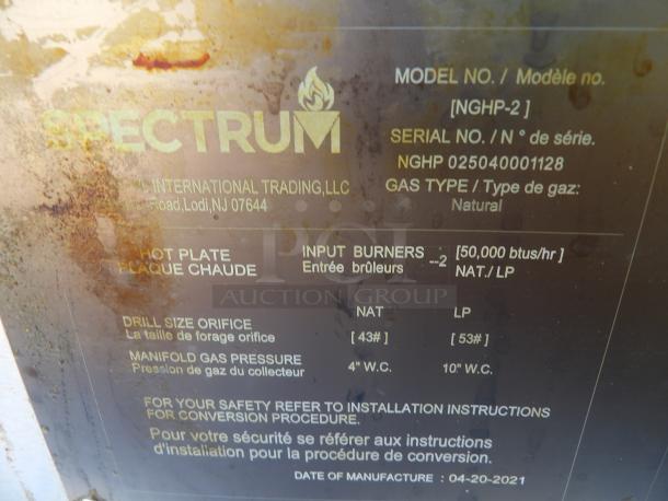 Spectrum Stainless Steel 2 Burner Gas Range, Model NGH-2. Measures 12x27x15. Natural gas, 50,000 BTUs/hr. Serial: NGHP 025040001128.