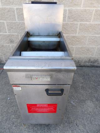Patriot FM-90-NG natural gas deep fryer on casters, stainless steel, visible logo and safety labels, good condition.