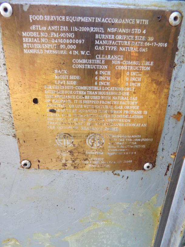 Patriot Model FM-90-NG natural gas deep fryer label, showing specifications: 90,000 BTU, 4 IN. W.C. pressure, 6-inch clearance.
