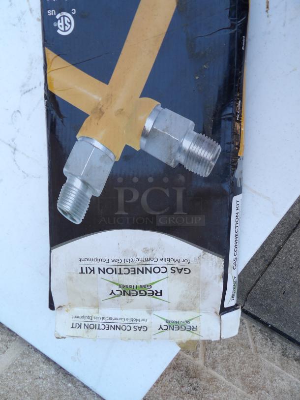 Regency 48" stainless steel gas connector hose, 3/4" diameter. Packaging shows product image and brand name. Slight wear visible.
