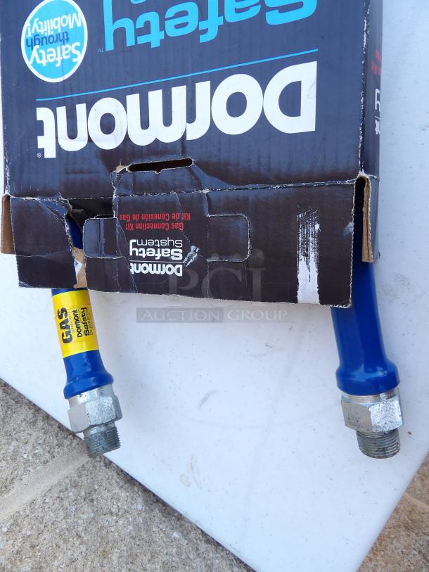 Dormont 1675BP48 Blue Hose® 48" gas connector, stainless steel, 3/4" diameter, new in box, visible yellow safety label.