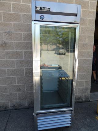 Works Great! True T-236 Stainless Steel Commercial Single Glass Door Reach In Cooler w/ aluminum Rack on Commercial Casters. 115 Volts, 1 Phase. Tested and Working! - Item #1207362