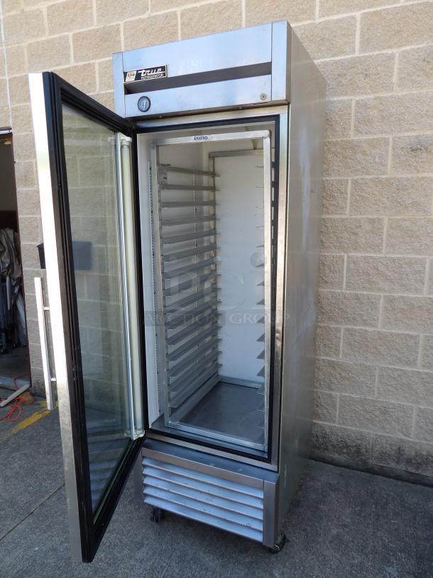 True T-236 stainless steel commercial glass door cooler with aluminum rack. Tested, working, on casters, 115V, 1 phase.