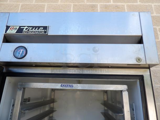 True T-236 stainless steel commercial single glass door cooler, tested and working, 115V, 1 Phase, with aluminum rack.