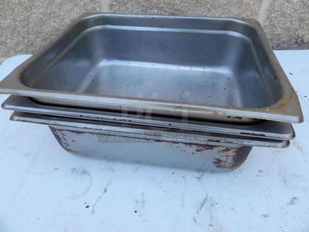 1/2 Size 2-1/2" Deep Anti-Jam Stainless Steel Steam Table Pans, 24 Gauge, Set of Three, Used, Marked with Wear.