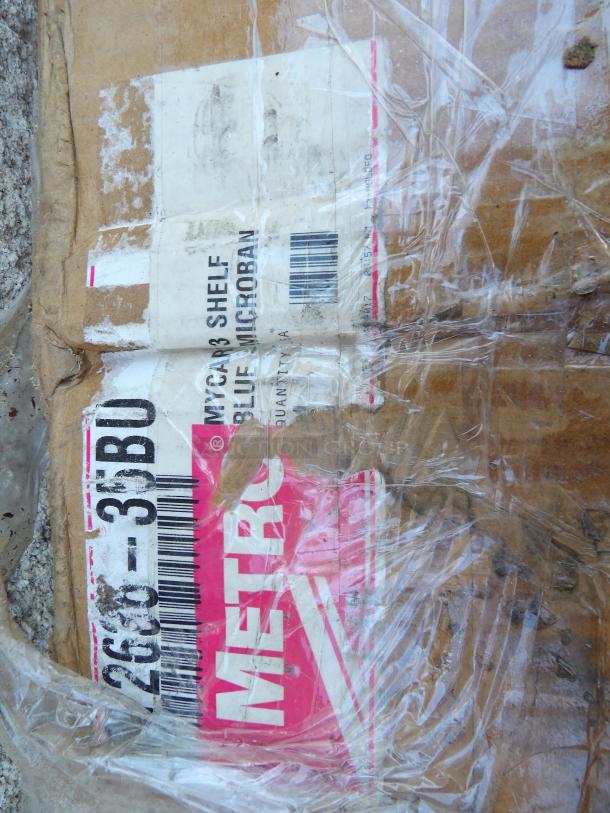 Metro myCart MY2636-35BU Blue Antimicrobial Utility Cart tag, features three shelves, dimensions 28" x 40", new condition.