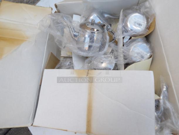 Nine stainless steel 10 oz. gooseneck teapots in packaging, new condition.
