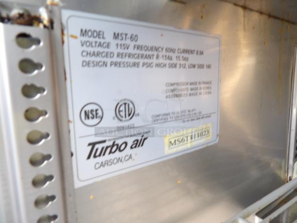 Turbo Air MST-60 commercial stainless steel 2-door prep refrigerator label, 115V, NSF/ETL certified, on casters.