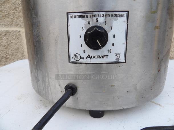 Adcraft 11 Quart Round Food Warmer, Model FW-1200WR, showing temperature dial and "Do Not Immerse" label.