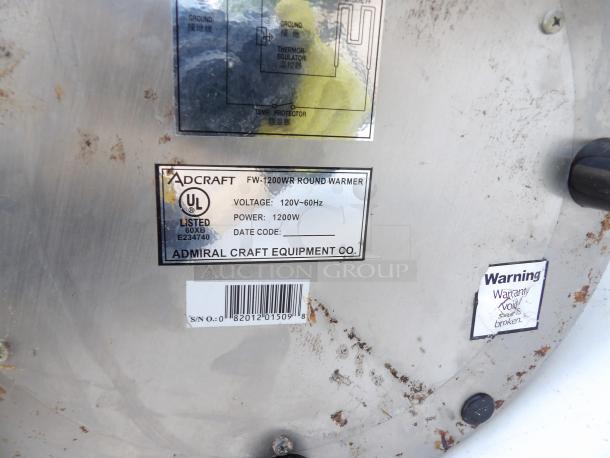 Adcraft 11 Quart Round Food Warmer, Model FW-1200WR, 1200W, visible labels with power specifications and warning.