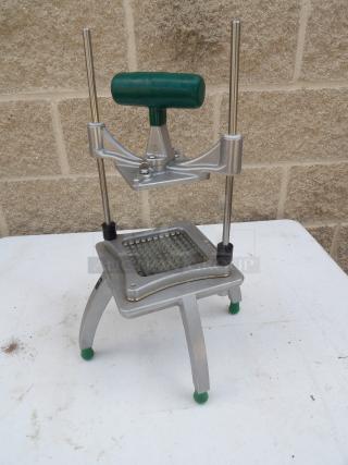 Garde Metal Countertop Vegetable Cutter, stainless steel with green handle, rock-solid design, excellent condition.