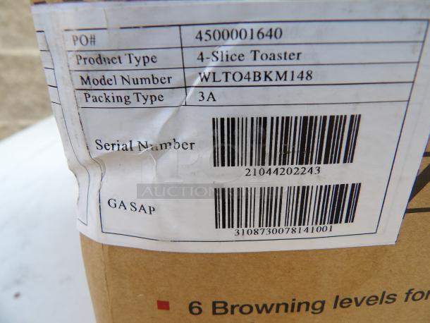 Willz 4 Slice Toaster box label showing product type, model number WLTO4BKM148, and serial number. Brand new condition.