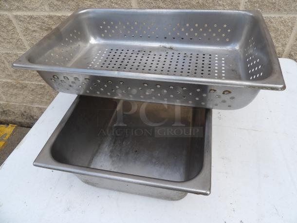 Perforated stainless steel steam table pan, full size, 3" deep, 24-gauge, anti-jam design, slightly used condition.