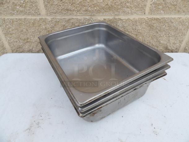 1/2 Size 4" Deep Anti-Jam Stainless Steel Steam Table Pan, 24 Gauge, 12x10x3.5 inches, set of three, used condition.