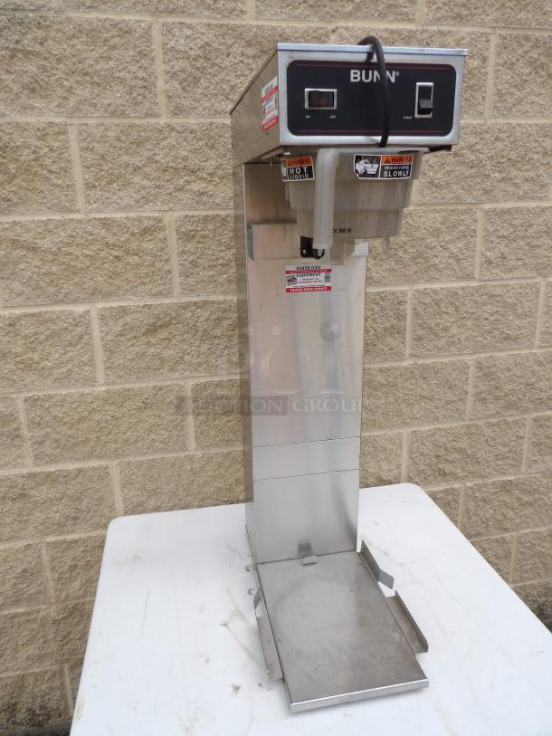 BUNN Tea Brewer, Model TU3Q. Stainless steel, powers on and heats. Quick Brew Funnel, 120 Volts, warning labels visible.