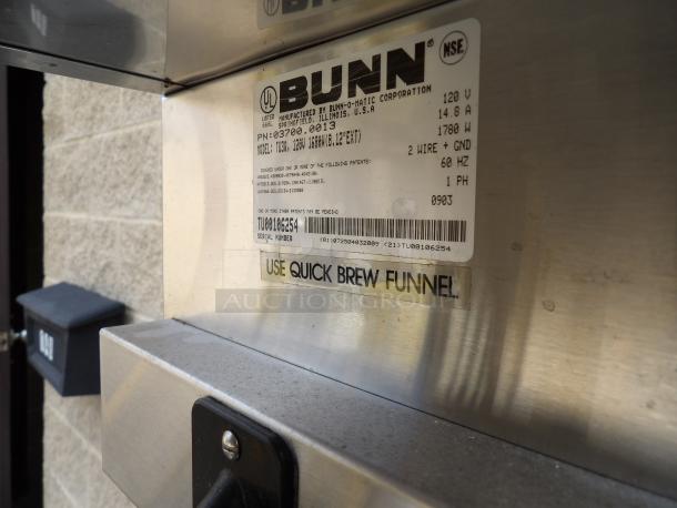 BUNN Tea Brewer with Quick Brew Funnel, Model TU3Q, 120V. Serial number visible. Powers on and heats. Stainless steel exterior.