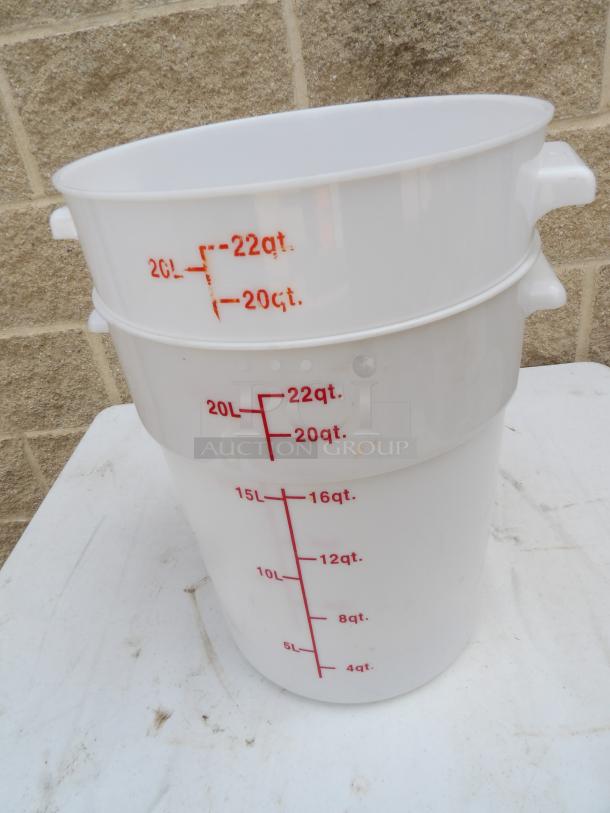 Plastic prep bucket, 22 quarts, white, with red measurement markings. Appears in good condition.