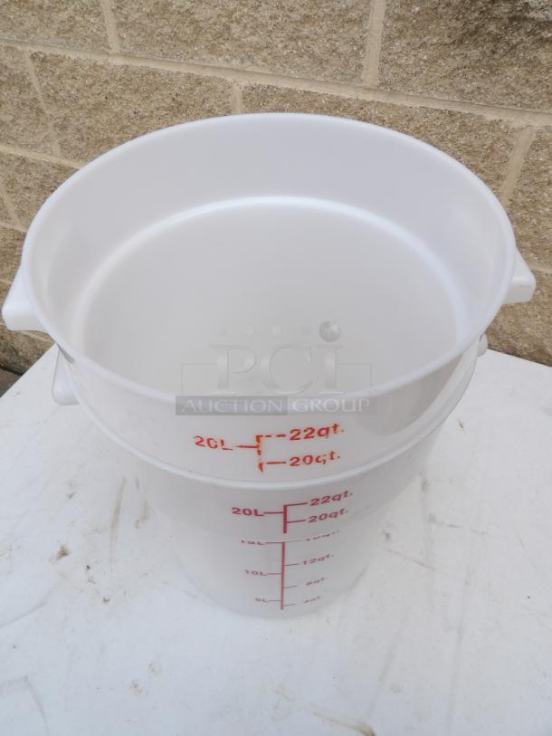 Plastic prep bucket, 22 quarts, white, with red measurement markings. In good condition.