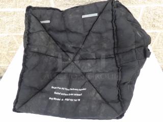 Black delivery bag, model PBF 10x14x16, showing signs of wear. Marked with "Bags For All Your Delivery Needs" and dimensions.