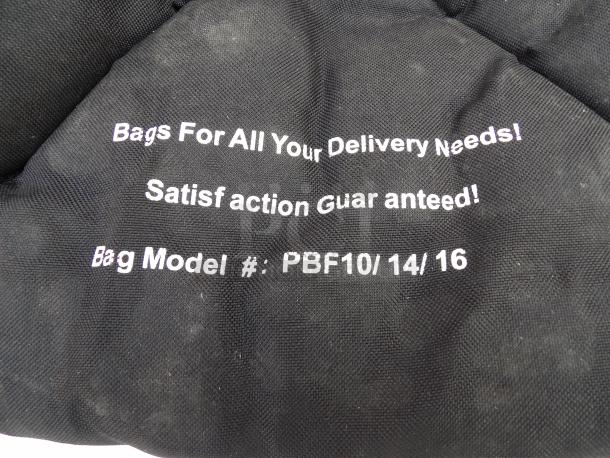 Black delivery bags with printed text: "Bags For All Your Delivery Needs! Satisfaction Guaranteed! Bag Model #: PBF 10/14/16".
