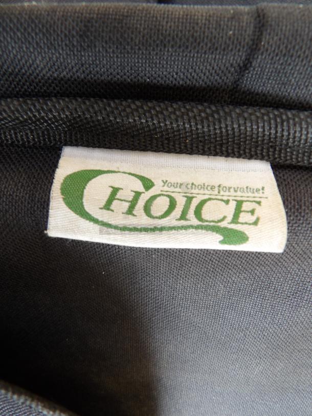 "Choice" branded insulated pizza delivery bag, black, durable fabric, label reads "your choice for value," new condition.