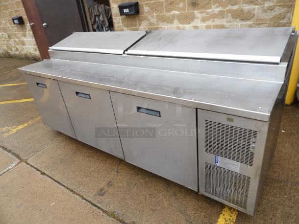Randell 8395N 95" pizza prep table with refrigerated base, stainless steel, tested and working, 115v, used condition.
