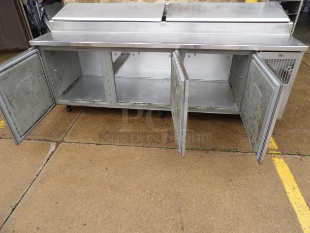 Randell 8395N 95" pizza prep table with refrigerated base, stainless steel, open doors, tested working, 115v.