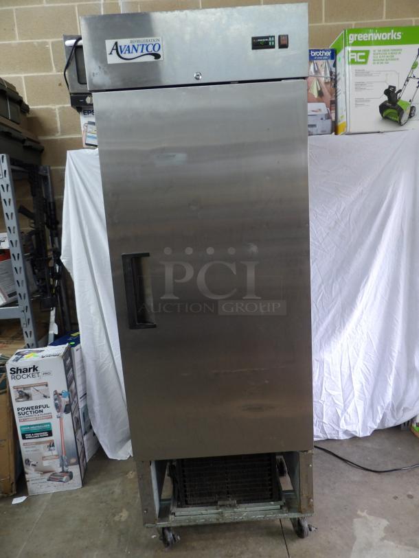 Avantco 178A19FHC stainless steel commercial single door reach-in cooler on casters, tested, powers on, 115V, 1 phase.
