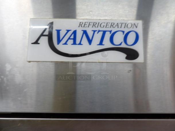 Avantco 178A19FHC label on stainless steel commercial cooler, indicating brand. Features a single door with casters, 115V, tested operational.