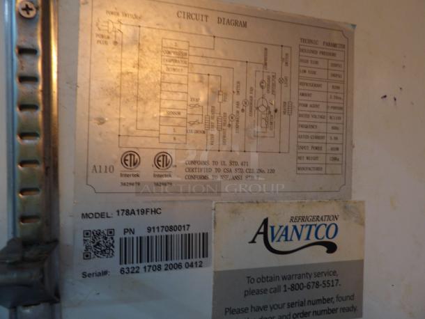 Avantco 178A19FHC stainless steel commercial single door reach-in cooler label. Model details and circuit diagram visible.