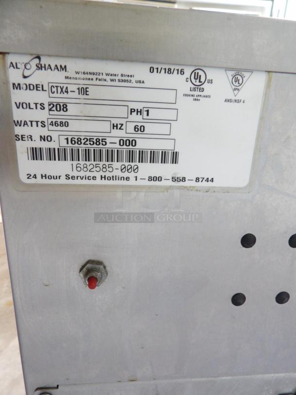 Alto Shaam CTX4-10E combi oven tag, showing model, serial number, voltage, and certification details.