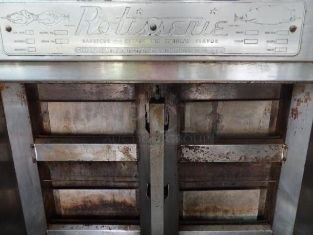 Late Model Rotisserie 1545 gas oven, 42x21.5x57.5, showing wear. Label: 120 volts, Star Metal Manufacturing Co, USA.