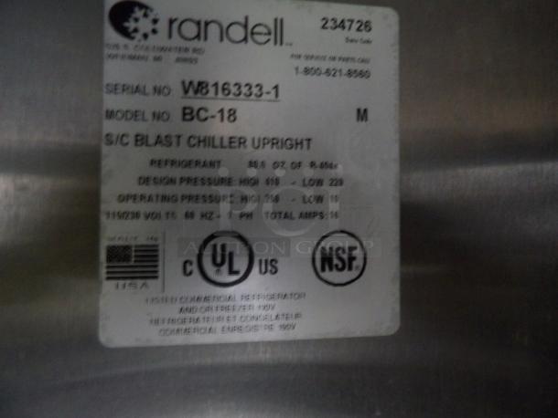 Randell BC-18 stainless steel blast chiller label, showing model, serial number, electrical specs, UL and NSF certifications.